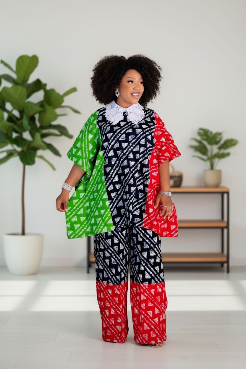 Ankara 2 Piece Top and Trousers with Lace Collar